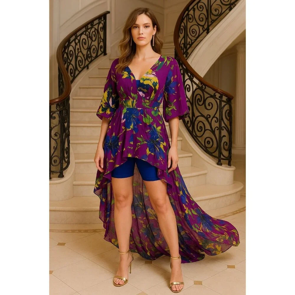Ashley Stewart Size 14 Purple Sheer Floral Dress High Low Hem Metal Side Zip Art - Picture 1 of 13
